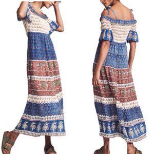 FAHERTY Sylvie Cutout Tie-Strap Boho Lagenlook Maxi in Blue Multi ColorNWT
